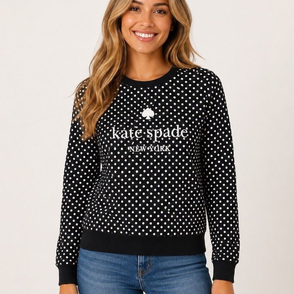 Kate Spade New York XS Black White Polka Dot Logo Sweatshirt Pullover